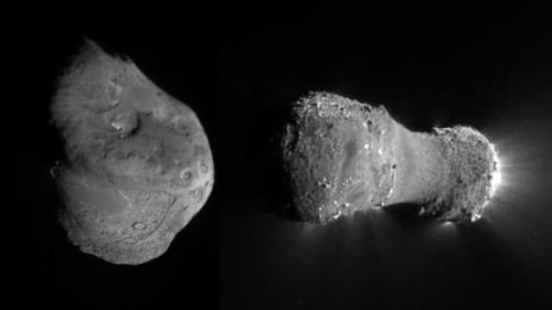 Jádra obou navštívených komet, nalevo Tempel 1, napravo Hartley 2