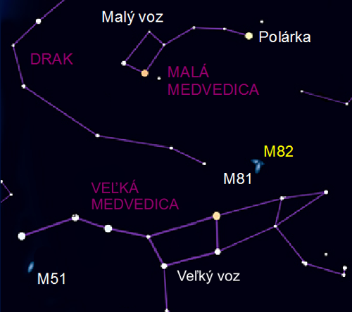 Poloha galaxie M82 na hviezdnej oblohe
