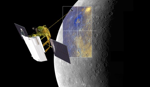Messenger pozoruje Rachmaninovu pnev na Merkuru. Umleck vize NASA.