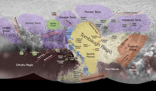 Mapa orientanch nzv jednotlivch povrchovch tvar na Plutu