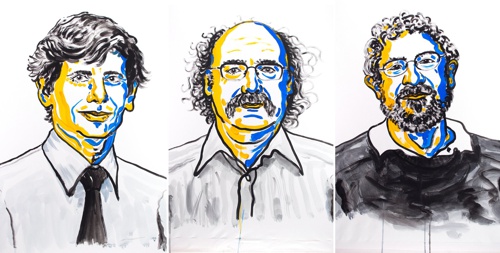 Umělecké vyobrazení trojice oceněných  vědců, zleva jsou David Thouless, Duncan Haldane a Michael Kosterlitz
