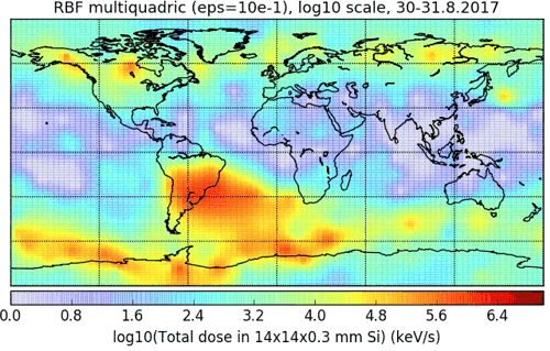 Sekvence znázorňuje změnu stavu intenzity radiačního pozadí na orbitě způsobenou velkou sluneční erupcí