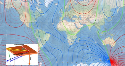 Mapa deklinácií zemského magnetického poľa podľa modelu WMM