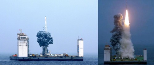 Start rakety Dlouhý pochod 11 z upravené plošiny ve Žlutém moři