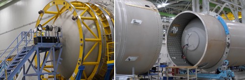 Nalevo: svrchní kopule nádrže na okysličovadlo rakety Vulcan. Napravo: kopule integrovaná do nádrže rakety Atlas V