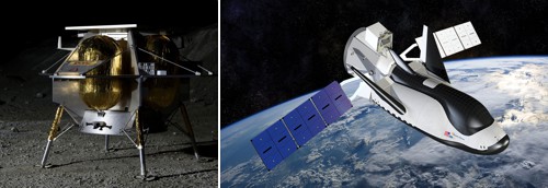 Lunární modul Peregrine a raketoplán Dream Chaser společnosti Sierra Nevada