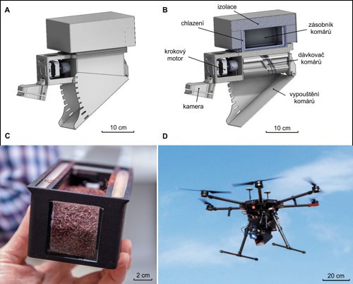 Systém vypouštění dospělých komárů provozovaný na dronu