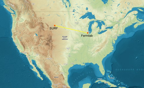 Neutrina proletí pod zemí 1 300 kilometrů z Fermilabu (Illinois) do laboratoře SURF (Jižní Dakota)