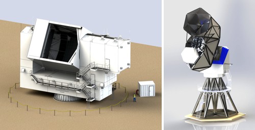 Model šestimetrového dalekohledu CHLAT (nalevo) a pětimetrového dalekohledu SPLAT (napravo)