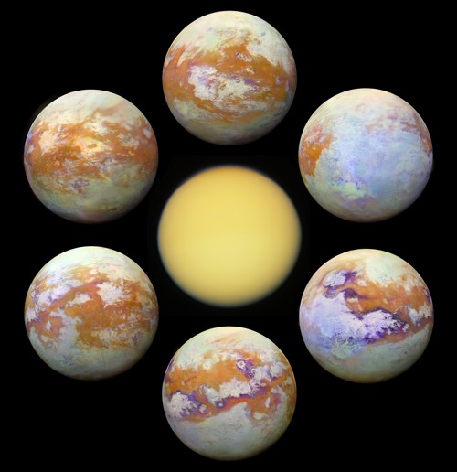 Srovnání nejnovějších složených infračervených snímků Titanu se snímkem ve viditelném oboru