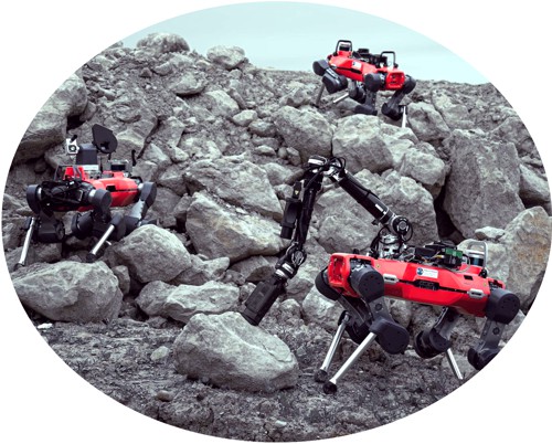 Trojice kráčejících robotů během testu ve švýcarském štěrkovém lomu