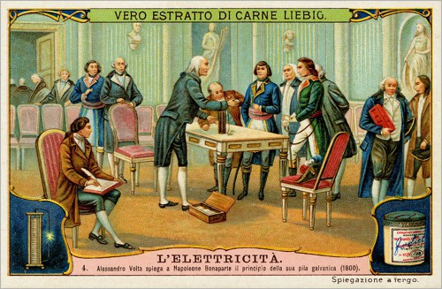 Alessandro Volta předvádí Napoleonovi galvanický článek