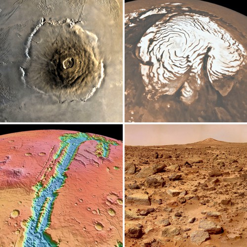 Útvary na Marsu: Olympus Mons, polární čepička, Vales Marineris, místo přistání Mars Pathfinderu Útvary na Marsu: Olympus Mons, polární čepička, Vales Marineris, místo přistání Mars Pathfinderu