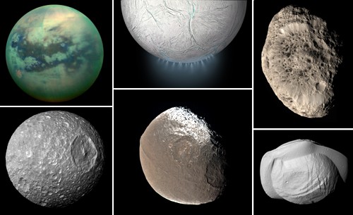 Saturnovy měsíce Titan, Enceladus, Hyperion, Mimas, Iapetus a Pan