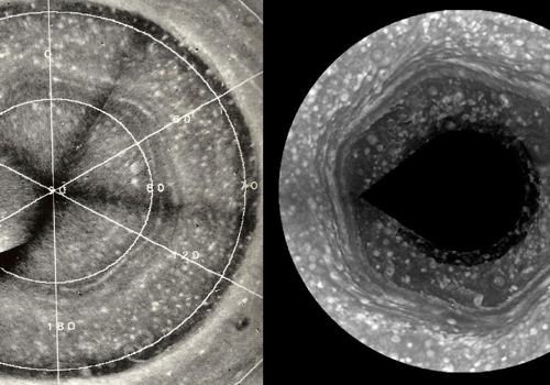Původní snímek odhalující šestiúhelník pořízený Voyagerem a stejná oblast pořízená o 26 let později lodí Cassini.