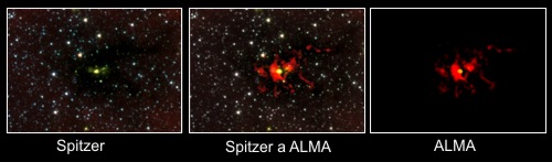 Pozorování SDC 335 Spitzerovým dalekohledem a sítí ALMA