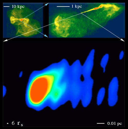 Pohled do centra oblasti ke zdroji výtrysků v okolí černé veledíry v galaxii M87