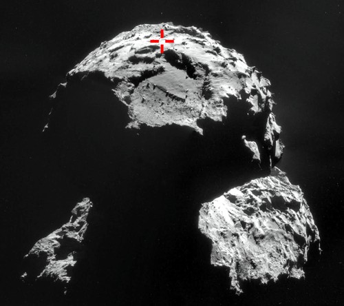Kometa 67P s vyznačením místa Agilkia plánovaného pro přistání