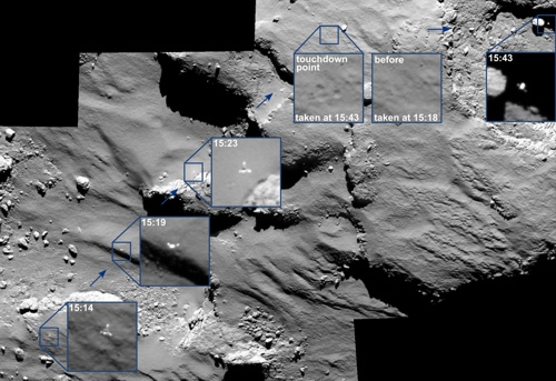 Záběry z kamery OSIRIS zaznamenávající přistání Philae na 67P