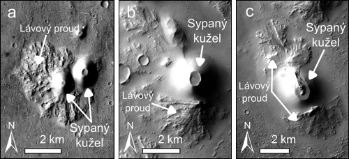 Fotografie ukazují pravděpodobné marsovské sypané kužele s doprovodnými lávovými proudy