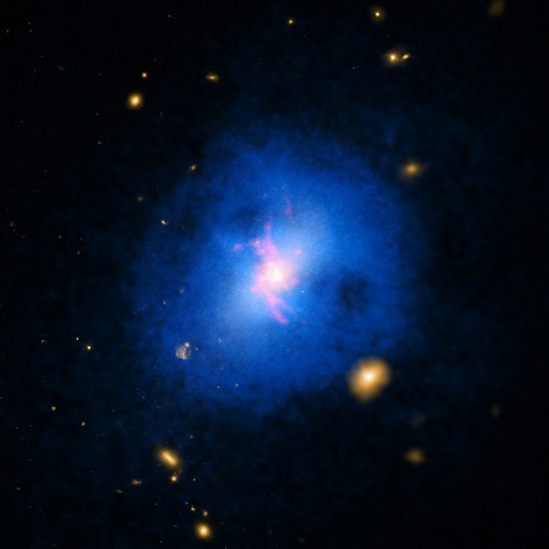 Snímky kupy Abell 2597 ve viditelném světle, v RTG oboru a v čáře Hα