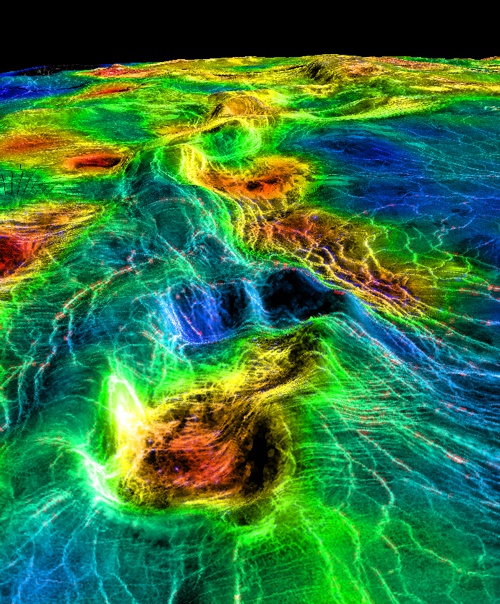 Perspektivní pohled na povrch Venuše v oblasti Sedna Planitia