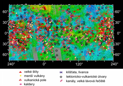 Rozložení vulkanických útvarů na Venuši