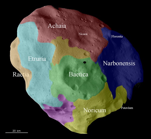 Oblasti s odlišnými geologickými vlastnosti na planetce Lutetia