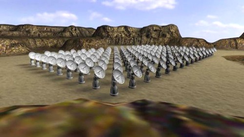 Futuristické vyobrazení laserového pole pro urychlování solárních plachetnic