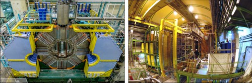Experimenty Belle II (vlevo) a LHCb (vpravo)