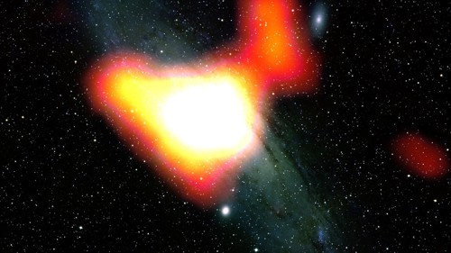 Fotografie velké galaxie v Andromedě M31 se zakreslením isofot pozorovaného gama záření