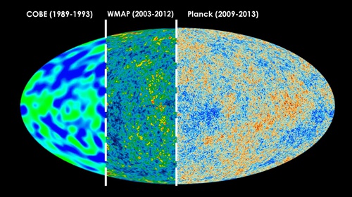 Fluktuace reliktního záření viděné družicí COBE a sondami WMAP a Planck