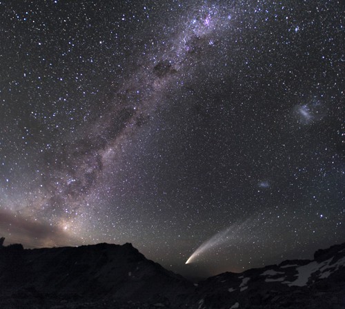 Mléčná dráha s Magellanovými oblaky a kometou McNaught