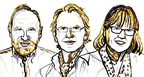 Umělecké vyobrazení trojice oceněných vědců, zleva jsou Arthur Ashkin, Gérard Mourou a Donna Strickland