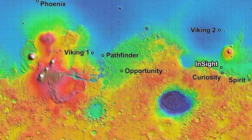 Mapa Marsu s místy přistání jednotlivých sond