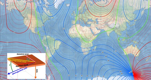 Mapa deklinácií zemského magnetického poľa podľa modelu WMM Mapa deklinácií zemského magnetického poľa podľa modelu WMM