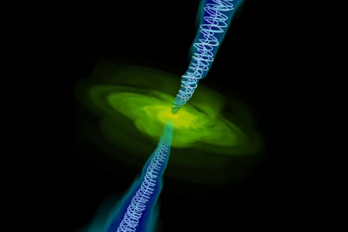 Výsledek počítačové simulace pádu látky do černé díry