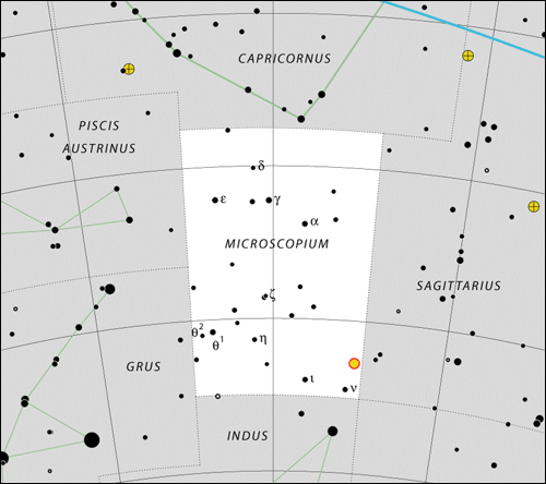 Poloha galaxie Arp-Madore 2026-424 je vyznačena žlutočerveným kroužkem