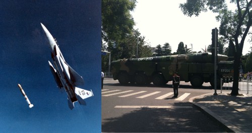 Nalevo: Stíhačka F 15 Eagle. Napravo: Balistická raketa DF-21.