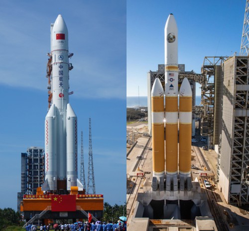 Vizuální porovnání raket Dlouhý pochod 5 a Delta IV Heavy