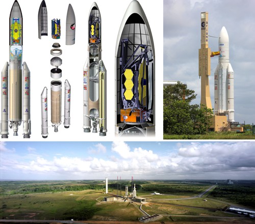 Nákres rakety Ariane 5 s JWST na palubě (nalevo); Ariane 5 na startovací rampě
(napravo); kosmodrom ESA v Kourou (dole)