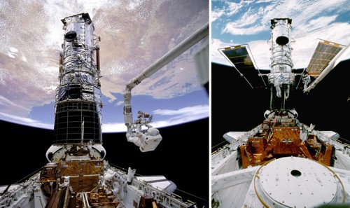Záběry z první a druhé servisní mise k Hubblovu dalekohledu
