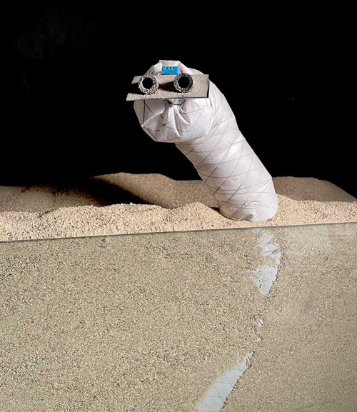 Testování hadího robota ve skleněném boxu naplněný pískem