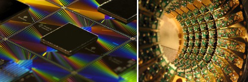 Vlevo kvantový procesor firmy GOOGLE, vpravo pohled do útrob kvantového počítače Sycamore