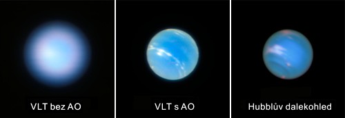 Fotografie Neptunu pořízená dalekohledem VLT s AO a bez ní 
v porovnání s HST