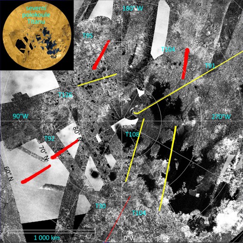 Přehled přeletů Cassini nad severní polární oblastí Titanu