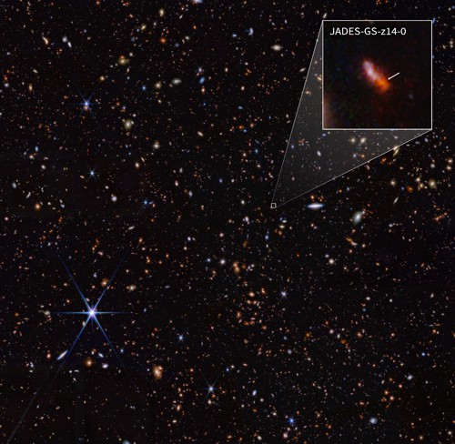 Galaxie JADES-GS-z14-0 s červeným posuvem z = 14,32 v souhvězdí Pece