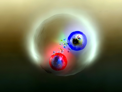 Umělecká představa mezonu složeného z kvarku a antikvarku